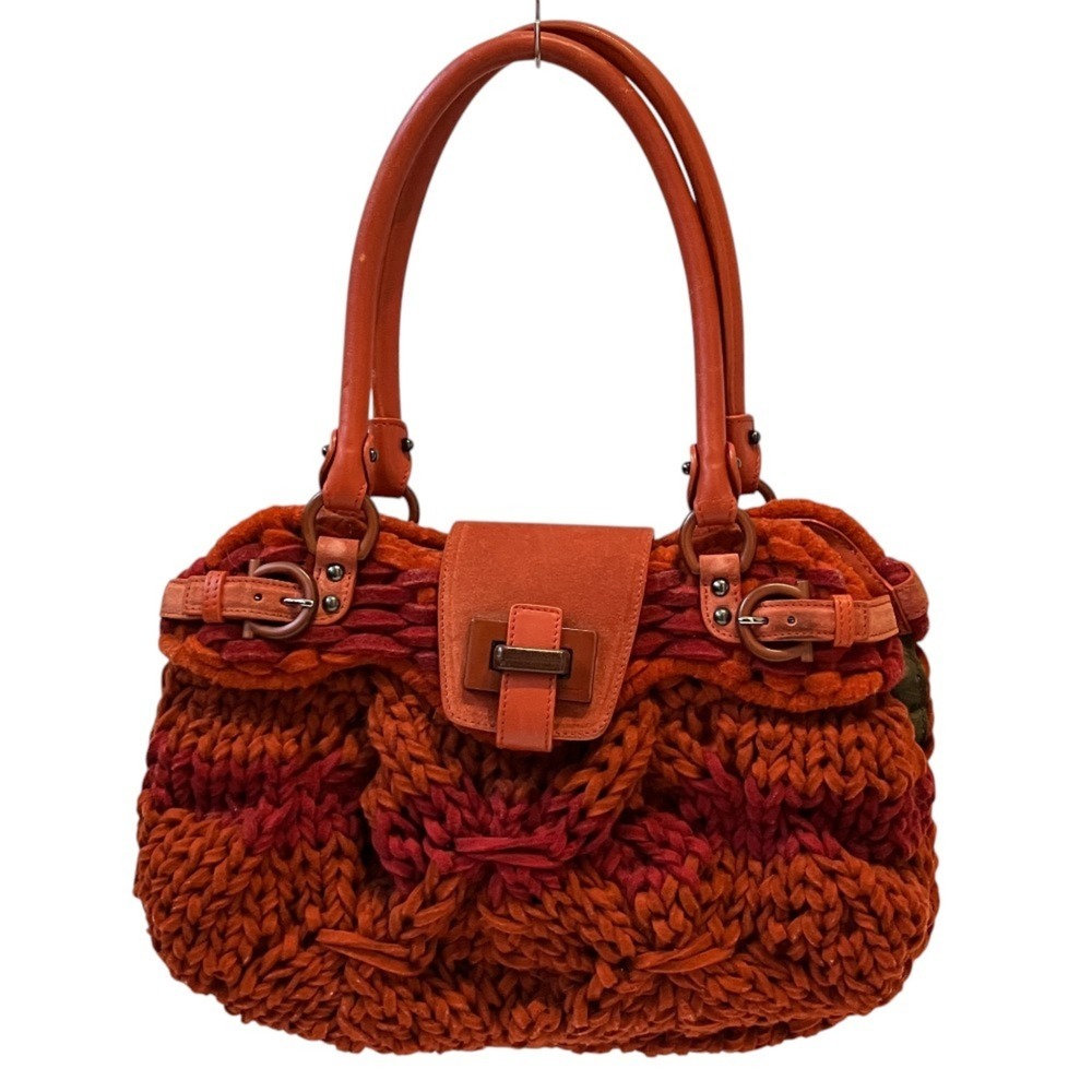 Salvatore Ferragamo Gancini Belt Cable Knit Handbag EZ-21 A348 Orange Women's